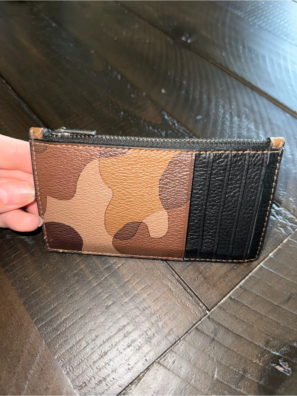 Coach C3210 Camo Zip Card Case Saddle Black Brown Camouflage Wallet Like New